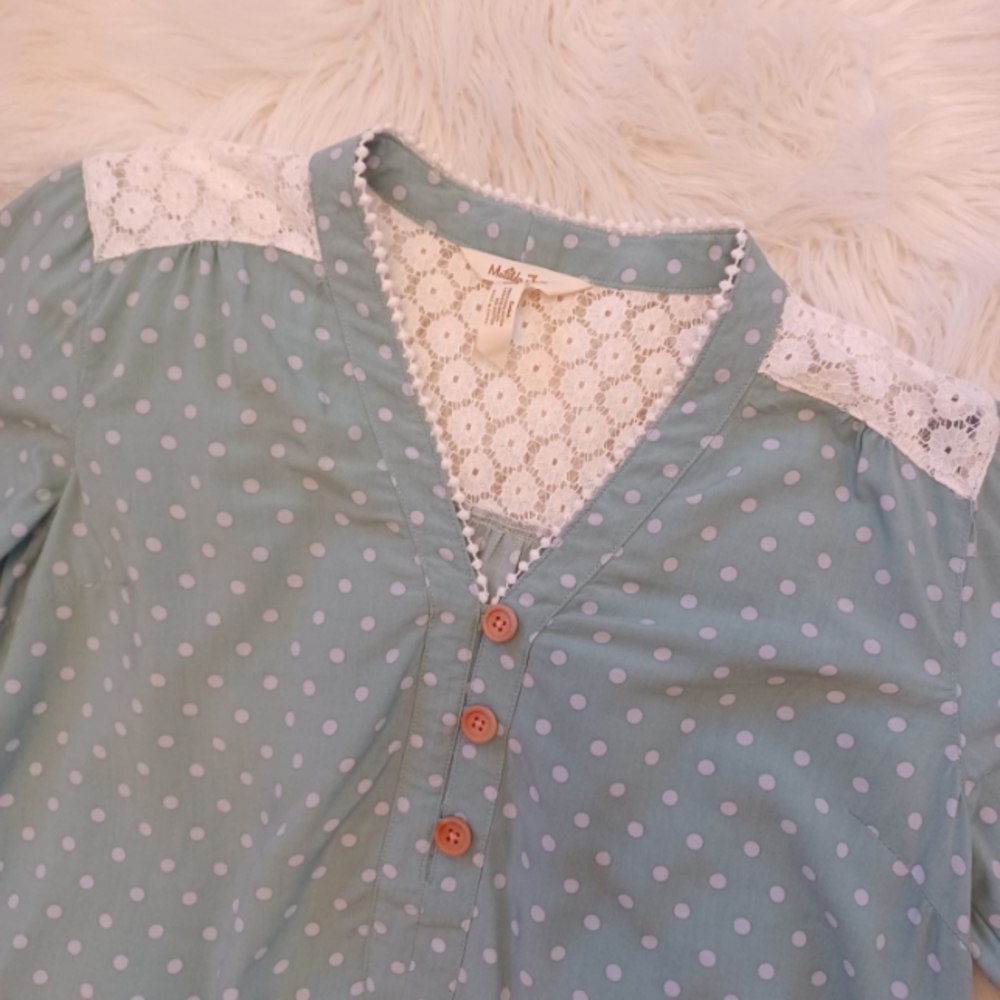 {Matilda Jane} Mint Green and white dot eyelet lace cottagecore blouse - Picture 3 of 6